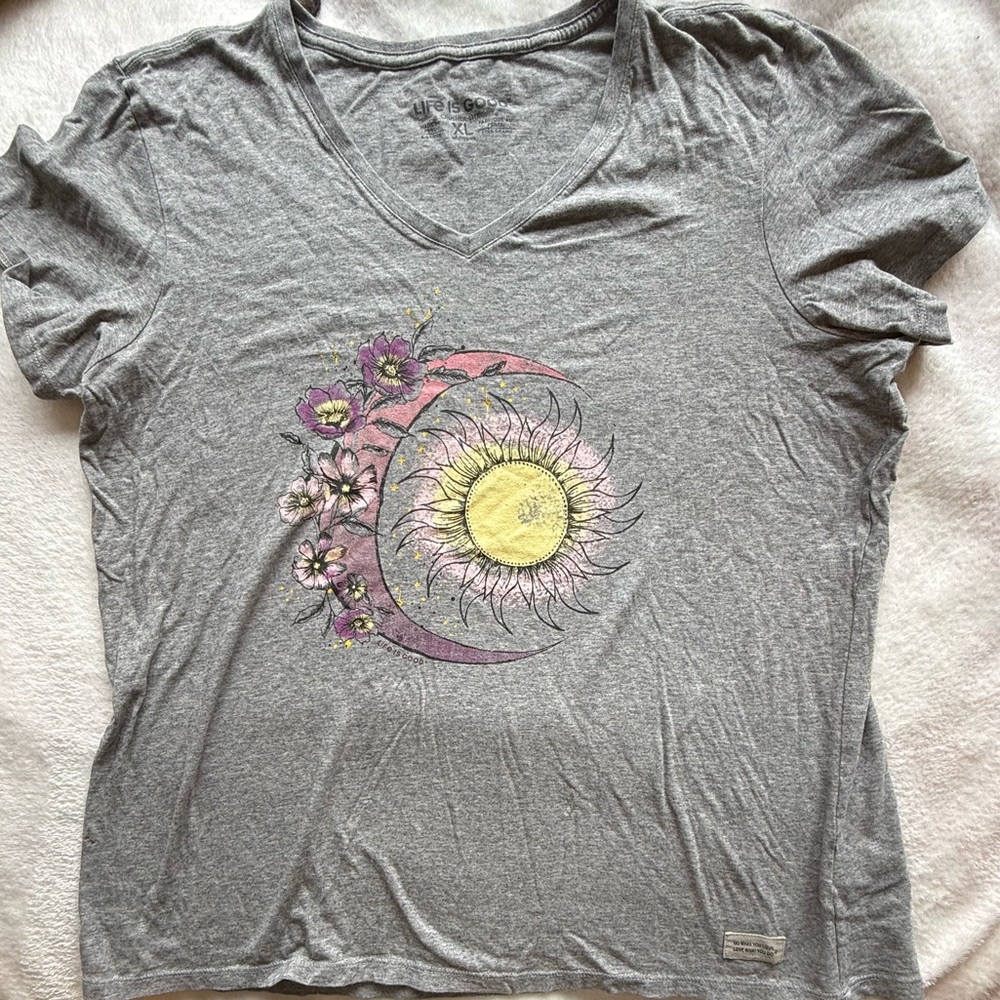 Life Is Good Gray Short Sleeve T-Shirt with Yellow Design